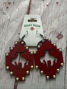 Crazy Train Red Wooden Bling Bronco Rodeo Horse Dangle Earrings